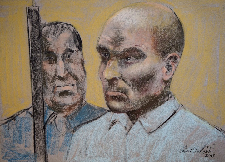 Bertrand Charest is seen on a court drawing during a bail hearing, in March 2015 in St-Jerome, Que. Charest has been denied bail once again, meaning he will remain behind bars pending his trial on 57 sex-related charges.