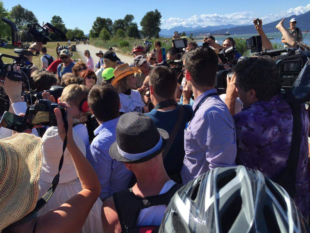 Jane Fonda speaks to journalists at the "Toast the Coast" event  on Jericho Beach on June 13, 2015.