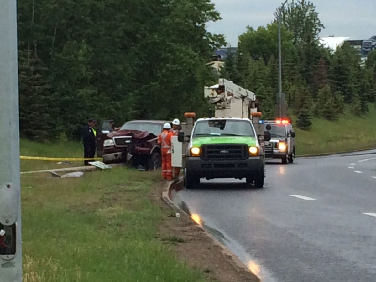 Two people were taken to hospital after a vehicle collided into a pole in east Edmonton, June 2, 2015. 