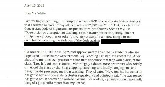 A copy of one of the strike complaints sent to Concordia University after classes were disrupted on April 1, 2015.