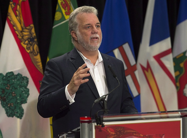 Quebec premier Philippe Couillard fields questions from reporters at the annual Council of the Federation meeting in Charlottetown on Thursday, August 28, 2014. 