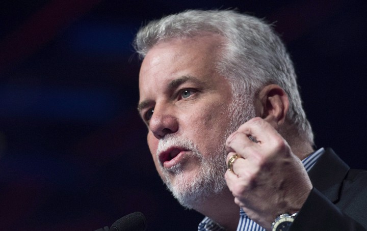 Quebec Premier Philippe Couillard speaks to delegates during the Quebec Liberal Party convention in Montreal, Sunday, June 14, 2015.