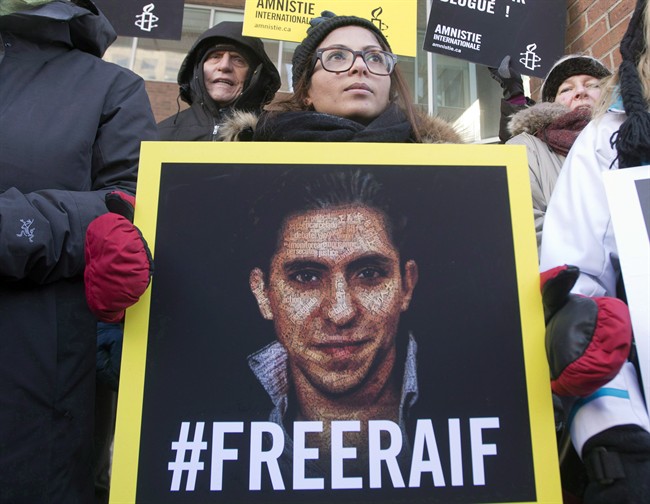 Ensaf Haidar, wife of blogger Raif Badawi, takes part in a rally for his freedom in Montreal on January 13, 2015. 