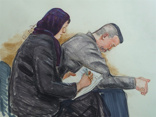 John Nuttall and Amanda Korody, accused of conspiracy to commit murder, placing an explosive in a public place, and possession of an explosive substance, in connection with the alleged plan set for Canada Day 2013, are seen in an artist's sketch at court in Vancovuer on Friday, May 29, 2015. 