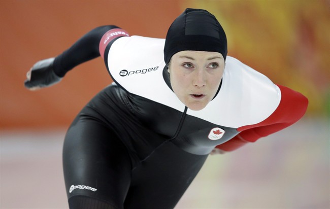 Canada's Anastasia Bucsis skates during a test race at the Adler Arena Skating Center during the 2014 Winter Olympics in Sochi, Russia.