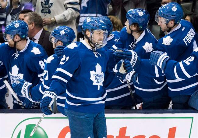 Toronto Maple Leafs' James van Riemsdyk celebrates his second goal of the game during third period against the Columbus Blue Jackets in Toronto on Friday, January 9, 2015.
