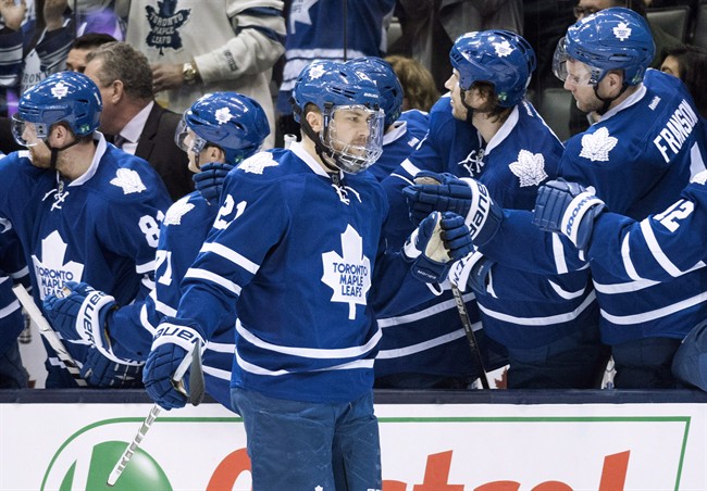 Toronto Maple Leafs' James van Riemsdyk celebrates his second goal of the game during third period against the Columbus Blue Jackets in Toronto on Friday, January 9, 2015.