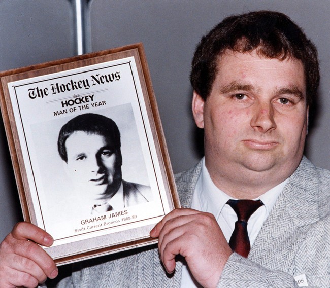 Graham James holds his award in Toronto, June 8, 1989 after being named The Hockey News man of the year.