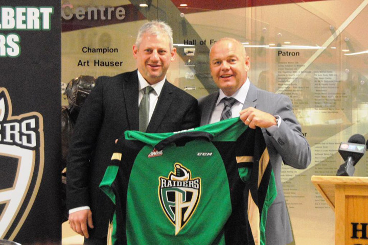 The Prince Albert Raiders’ new general manager Curtis Hunt (left) stands next to the hockey club’s president Dale McFee (right) on Monday.