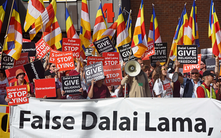 Buddhists from the International Shugden Community protest Dalai Lama opens country's first Buddhist community centre, Aldershot, Hampshire, Britain - 29 Jun 2015