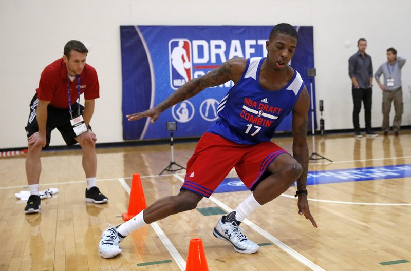 Utah's Delon Wright participates in the NBA draft basketball combine Thursday, May 14, 2015, in Chicago. 