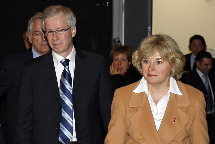 Former Liberal Leader Stephane Dion arrives for a news conference acconpanied by Liberal Senate Leader Celine Hervieux-Payette after a meeting in Montreal Friday March 28, 2008. 