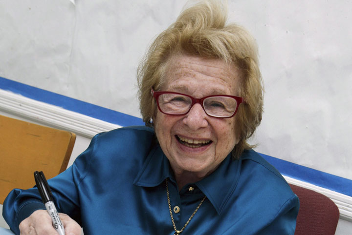 In this April 26, 2012 file photo, Dr. Ruth Westheimer signs a copy of her book in New York.