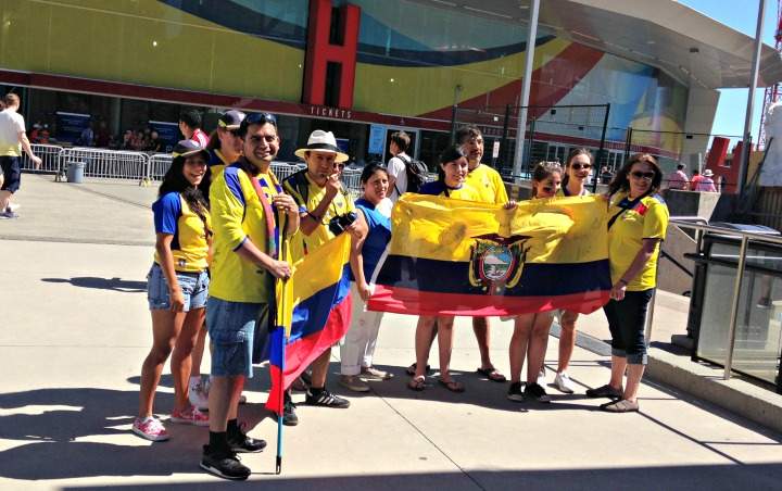 Fans hold the Ecuadorian flag prior to Ecuador's FIFA Women's World Cup match against Cameroon at BC Place on June 8, 2015.