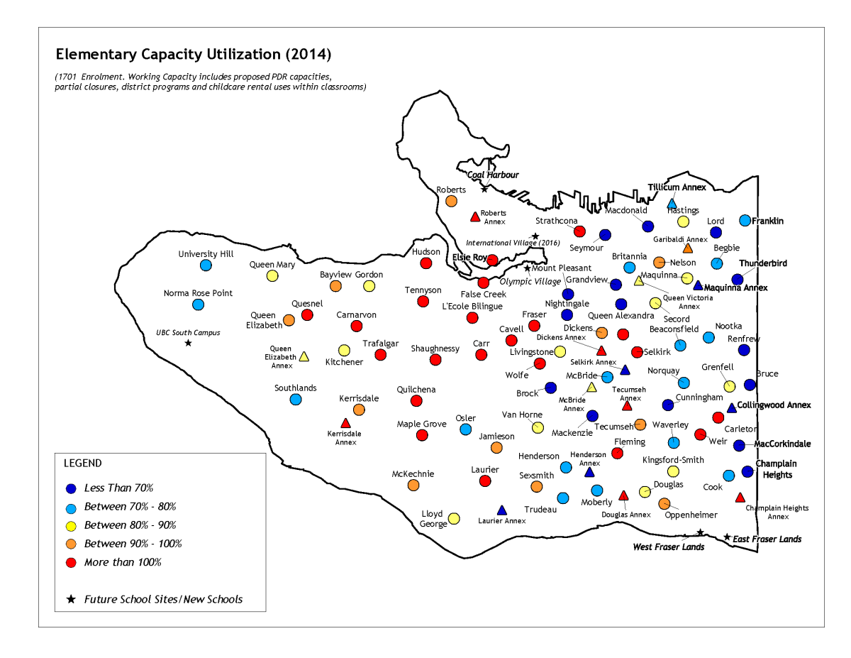 Five of the six under-utilized secondary schools are in the east side of Vancouver, with four of the schools in close proximity to each other (Britannia Secondary School and Templeton Secondary School; and Gladstone Secondary School and Windemere Secondary School).