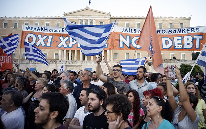 Demonstrators during a rally  in Athens, Greece, 29 June 2015. 
