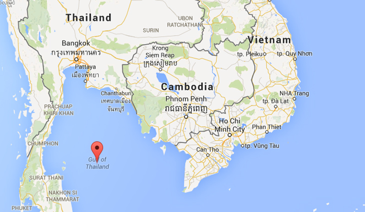 A screenshot of Google Maps showing the Gulf of Thailand where the Canadian's body was reportedly found