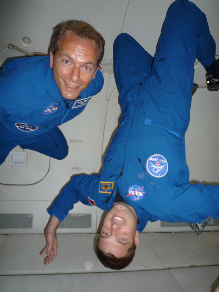 David Saint-Jacques (left) and Jeremy Hansen experience freefall during a parabolic flight on a NASA C-9 aircraft jet as part of their basic training in 2010.