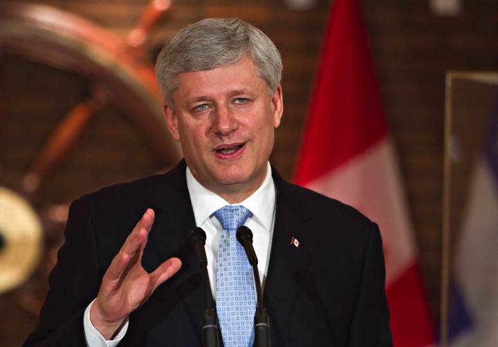 Prime Minister Stephen Harper makes a funding announcement for Canada's 150th anniversary celebrations, in Quebec City, Thursday, June 25, 2015.