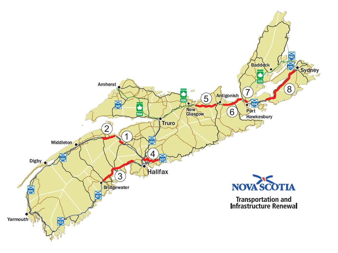 Proposed toll sections of the 100-series highways in Nova Scotia.