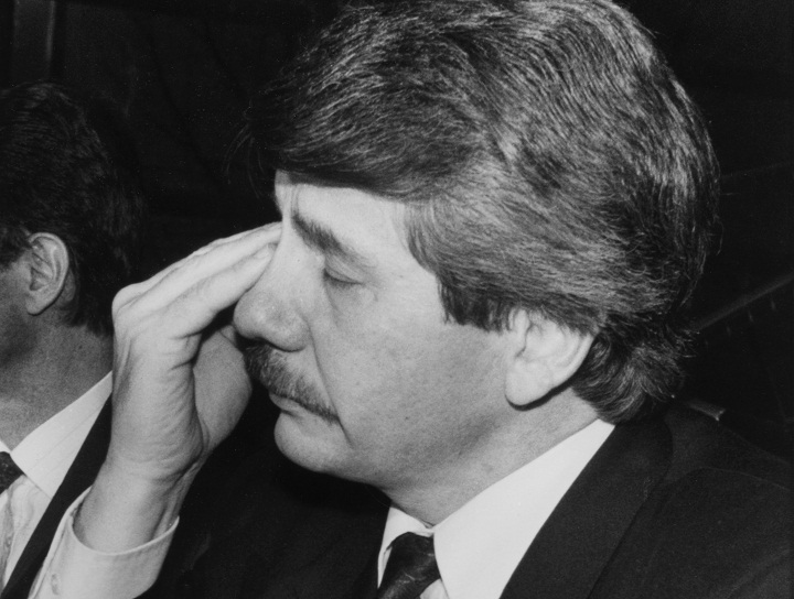 Montreal Mayor Jean Dore wipes a tear at a news conference in Montreal, Que., on Thursday, Dec. 7, 1989. The mayor's babysitter was one of the victims of the mass slaying at the University of Montreal on December 6, 1989.