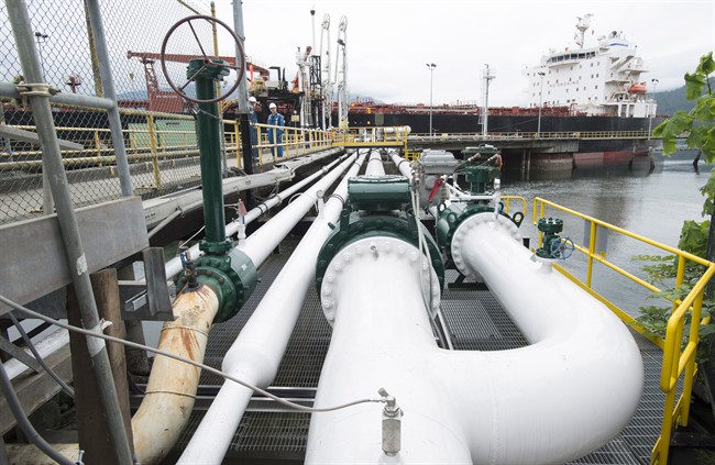 A ship receives its load of oil from the Kinder Morgan Trans Mountain Expansion Project's Westeridge loading dock in Burnaby, British Columbia, Thursday, June 4, 2015. The federal governemnt must closeley examine the health risk of a proposed expansion of the pipeline, a group of Canadian doctors has urged.