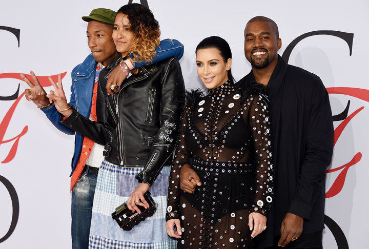 From left: Pharrell Williams and Helen Lasichanh with Kim Kardashian and Kanye West, pictured on June 1, 2015.