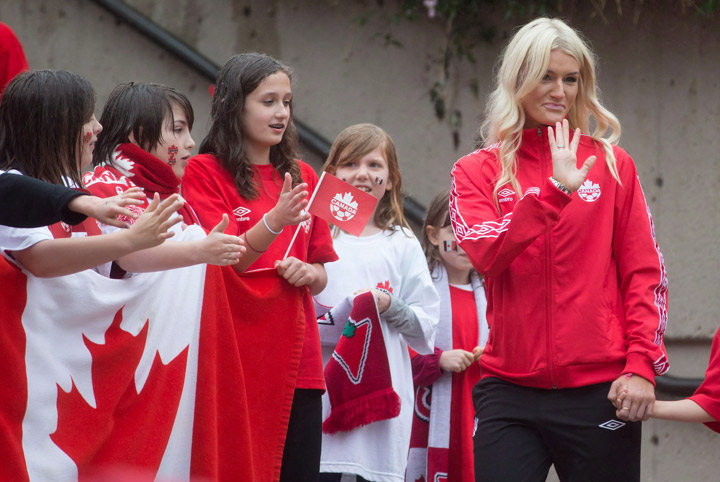 Kaylyn Kyle, of Saskatoon, Sask., is introduced during the announcement of the Canadian national women's soccer team roster for the 2015 FIFA Women's World Cup, in Vancouver, B.C., on Monday April 27, 2015.