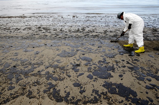 A worker removes oil from the sand at Refugio State Beach, north of Goleta, Calif.