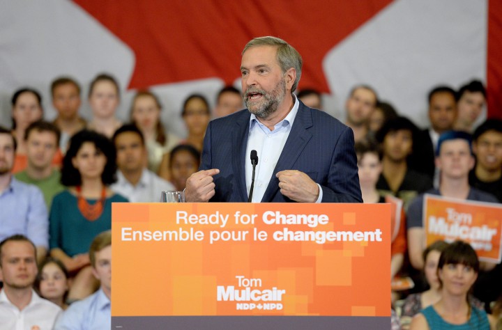 NDP leader Tom Mulcair speaks at a rally in Ottawa on Wednesday, June 17, 2015.