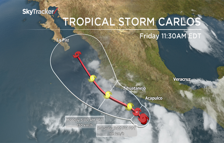 The forecast path of Tropical Storm Carlos.