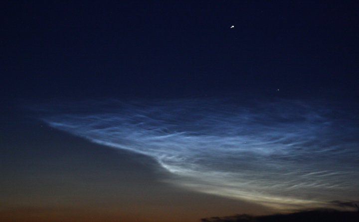 Noctilucent clouds south of Saskatoon, Saskatchewan in the early morning of June 8, 2015.