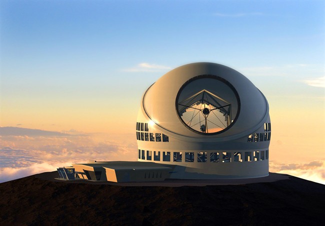 This undated file artist rendering made available by the TMT Observatory Corporation shows the proposed Thirty Meter Telescope, planned to be built atop Mauna Kea, a large dormand volcano in Hilo on the Big Island of Hawaii in Hawaii.