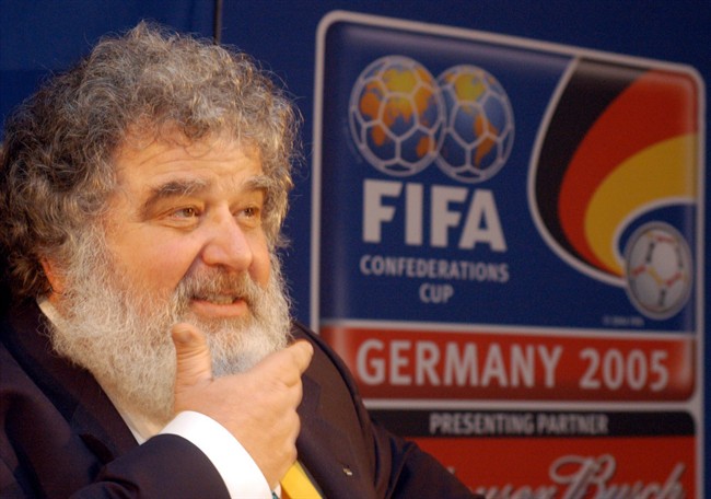 FILE - In this Feb. 14, 2005 file photo, Confederation of North, Central American and Caribbean Association Football (CONCACAF) general secretary Chuck Blazer attends a press conference in Frankfurt, Germany. Blazer, a former FIFA executive committee member, told a U.S. federal judge he and others on the governing body's ruling panel agreed to receive bribes as part of the vote that picked South Africa to host the 2010 World Cup, according to a transcript of the 2013 hearing in U.S. District Court in Brooklyn unsealed by prosecutors Wednesday, June 3, 2015. (AP Photo/Bernd Kammerer, File).