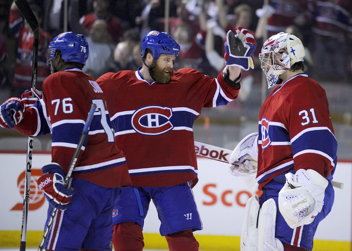 P.K. Subban, Paul Mara and Carey Price of the Montreal Canadiens in 2011.