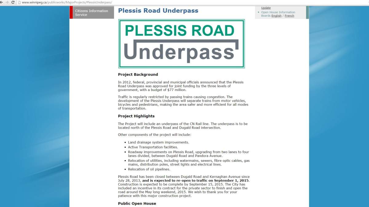 Screen capture of the city’s website on the Plessis Road underpass project as of Monday morning on June 1, 2015.