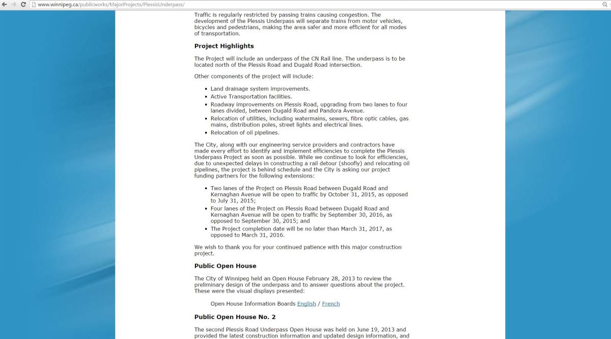 Screen capture of the city’s website on the Plessis Road underpass project as of Monday afternoon on June 1, 2015.