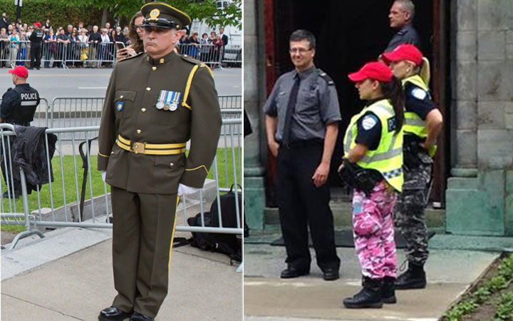 What a contrast: A Quebec provincial police officer in full uniform and a Montreal police officer in colourful camouflage protest pants outside the church at at Jacques Parizeau’s state funeral on June 10, 2015.