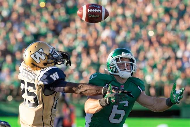 Winnipeg Blue Bombers defensive back Bruce Johnson prevents Saskatchewan Roughriders wide receiver Rob Bagg from grabbing a pass during the second half of CFL football action in Regina, Sask., Saturday, June 27, 2015. 