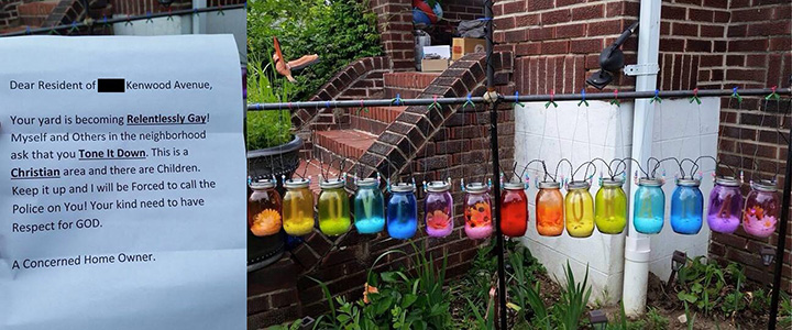 A Baltimore woman is hoping to make her front yard more fabulous after she received a homophobic letter from a neighbour complaining the property is “relentlessly gay.”
.