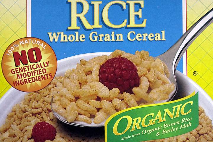 This file photo shows labeling stating no genetically engineered ingredients on a box of Erewhon Crispy Brown Rice Cereal.