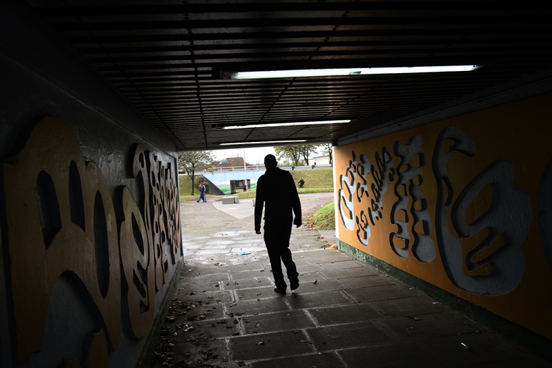 A man walks through an underpass near Rotherham town centre, South Yorkshire, North England, on October 6, 2014.  