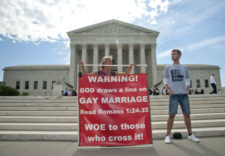 Protestors at the Supreme Court in Washington DC, await the decision on Same-Sex marriage. Same sex marriage protests a the Supreme Court, Washington D.C.