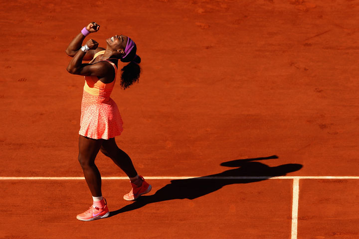 Serena Williams of the United States celebrates match point in the Women's Singles Final against Lucie Safarova of Czech Repbulic on day fourteen of the 2015 French Open at Roland Garros on June 6, 2015 in Paris.