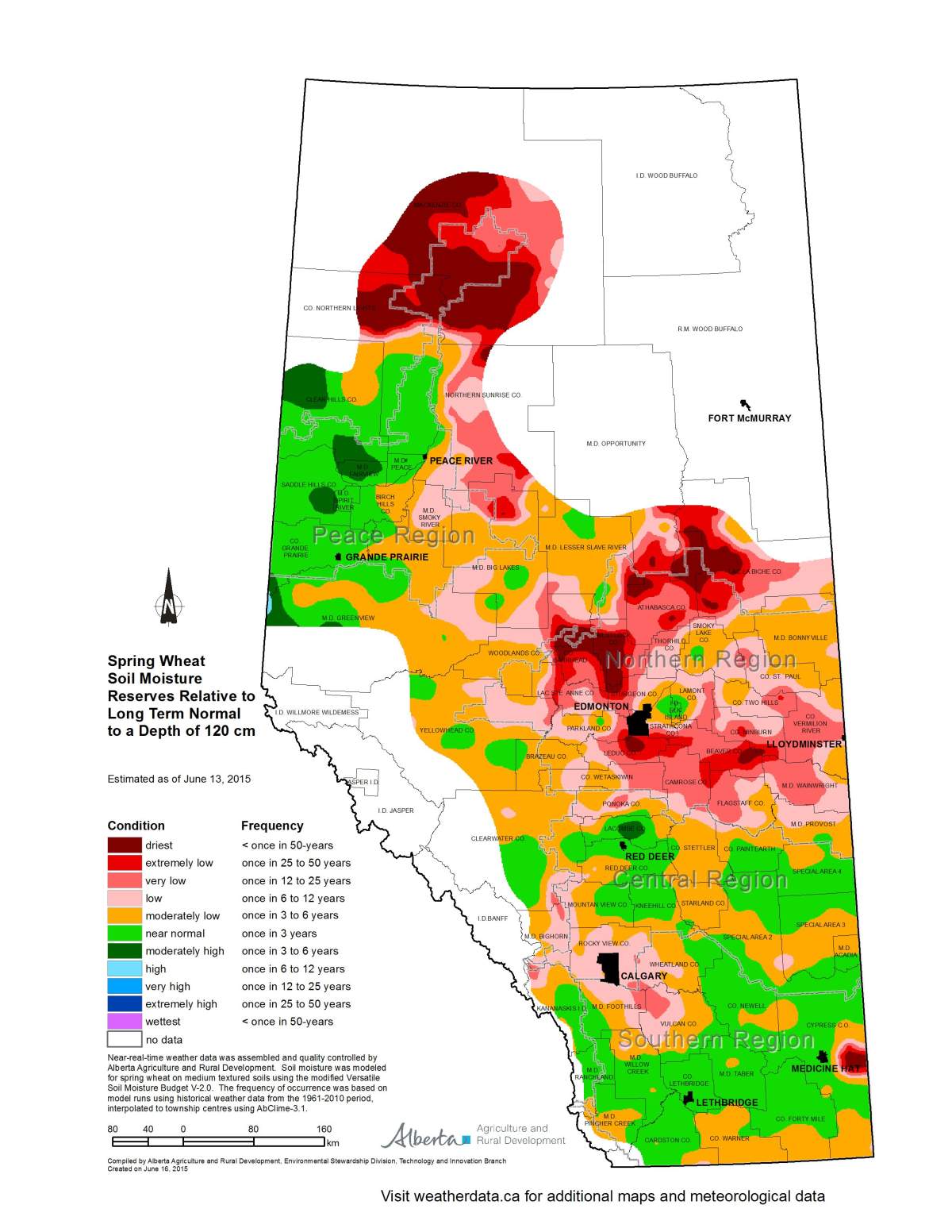 This map shows the Spring Wheat Soil Moisture Reserves relative to long term normal amounts. Parts of central Alberta are currently experiencing once in fifty year lows. Photo credit: Alberta Agriculture.