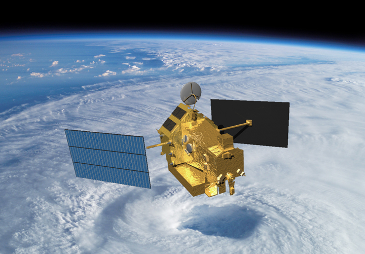 An artist's impression of the TRMM satellite over a hurricane.