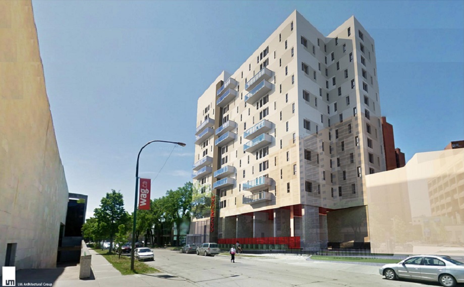 The UWinnipeg Commons will rise on Colony Street between the Buhler Centre and the Winnipeg Art Gallery.
