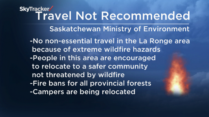 La Ronge residents encouraged to relocate to a safer communities, travel is not recommended in northern Saskatchewan because of wildfire hazards.