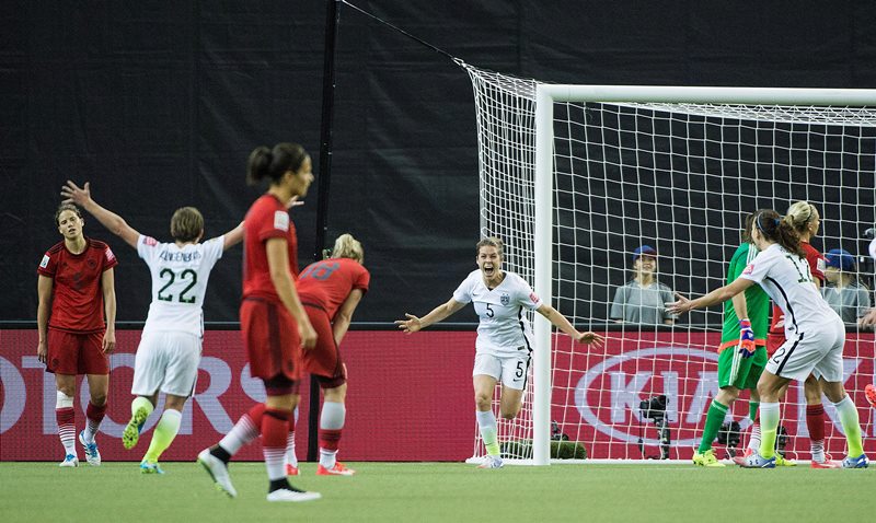USA's Kelley O Hara (5) celebrates after scoring against Germany during second half FIFA Women's World Cup semi-final soccer action against Germany in Montreal, Tuesday, June 30, 2015. 