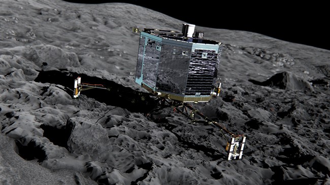 This artist impression from Dec. 2013 by ESA /ATG medialab , publicly provided by the European Space Agency, ESA, shows Rosetta’s lander Philae (front view) on the surface of comet 67P/Churyumov-Gerasimenko. 